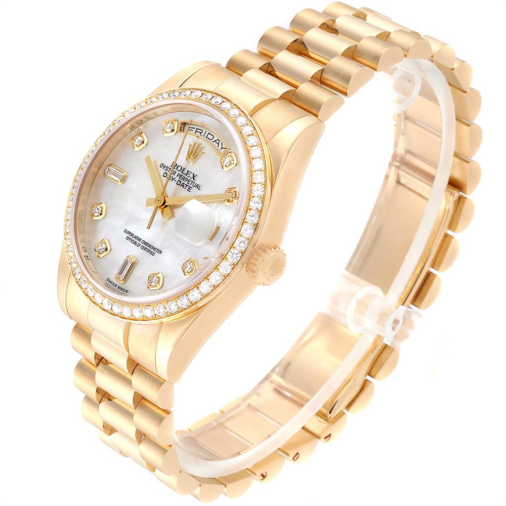 The Rolex President 118348 Men
s Yellow Gold Mother of Pearl Dial 118348 Men
s Yellow Gold Mother of Pearl Dial model watch is shown from an angled view, displaying the face, bezel, crown, and bracelet.
