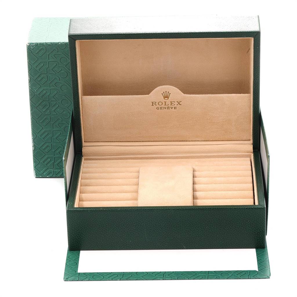 This image shows an open Rolex President 18238 Men's Yellow Gold Black Dial 18238 Men's Yellow Gold Black Dial model watch box viewed from the front.