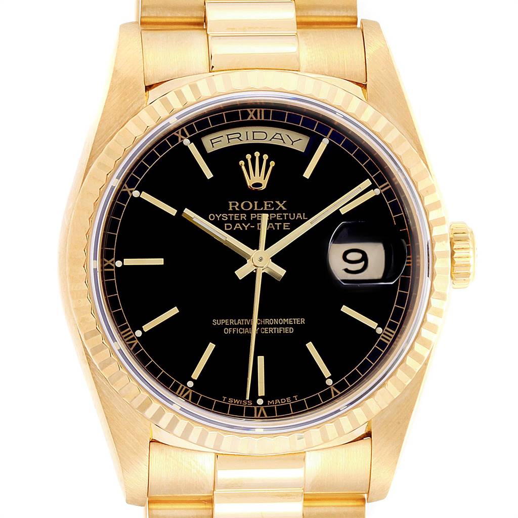 The image shows a front view of the Rolex President 18238 Men's Yellow Gold Black Dial 18238 Men's Yellow Gold Black Dial model watch, focusing on the dial, bezel, and band.