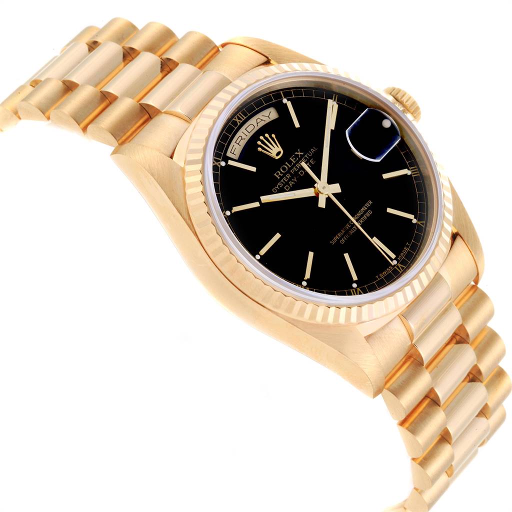 This is a side view of the Rolex President 18238 Men's Yellow Gold Black Dial 18238 Men's Yellow Gold Black Dial model, showing the bracelet, case, dial, and day-date display.