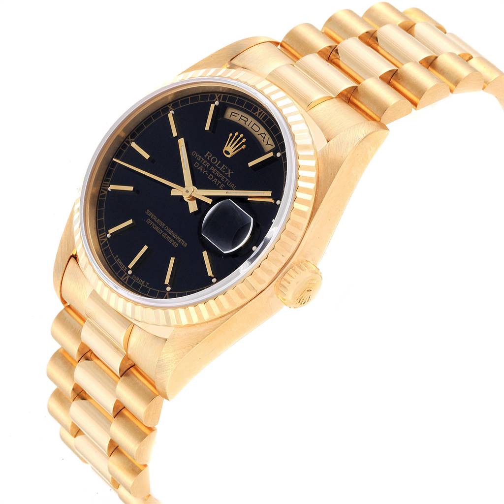 The image shows a gold Rolex President 18238 Men's Yellow Gold Black Dial 18238 Men's Yellow Gold Black Dial model watch at a slight angled view, highlighting the face, bezel, crown, and bracelet links.