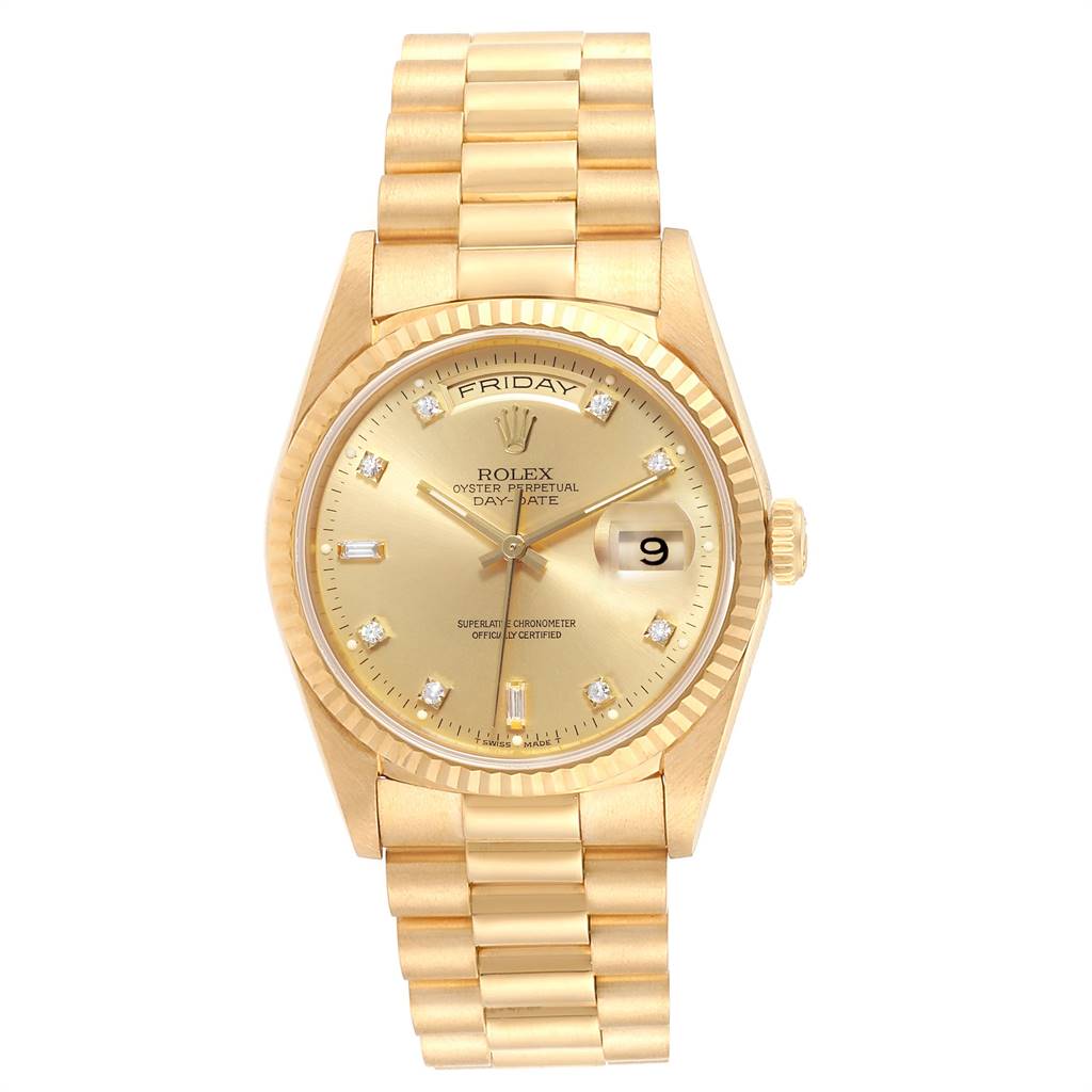 This is a front view of a Rolex President 18238 Men
s Yellow Gold Champagne Dial 18238 Men
s Yellow Gold Champagne Dial model watch, showing the face, bezel, bracelet, and crown.