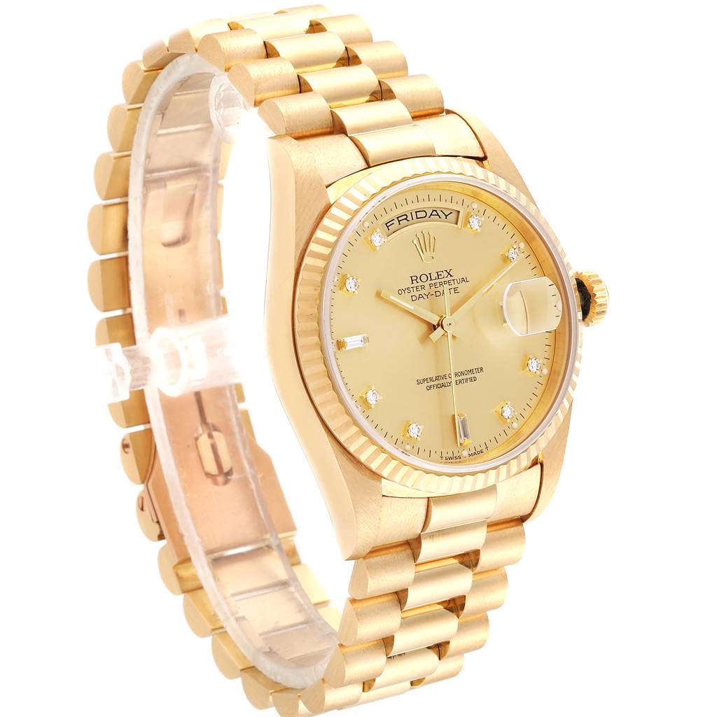 The image shows a side angle of a gold Rolex President 18238 Men
s Yellow Gold Champagne Dial 18238 Men
s Yellow Gold Champagne Dial model, highlighting the watch face and band.