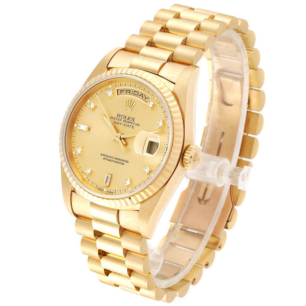 The Rolex President 18238 Men
s Yellow Gold Champagne Dial 18238 Men
s Yellow Gold Champagne Dial model is shown at an angle highlighting its gold bracelet, dial, and fluted bezel.