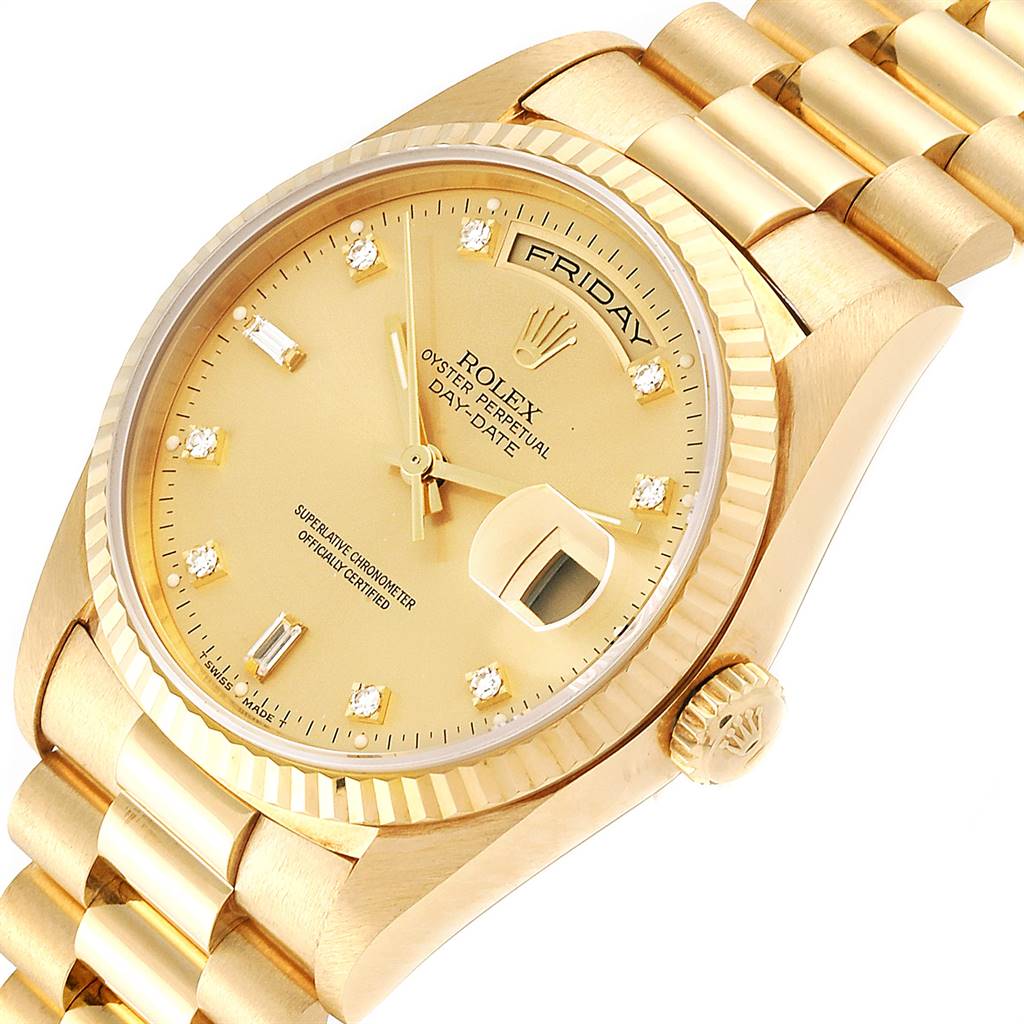 The image shows the face and part of the bracelet of a Rolex President 18238 Men
s Yellow Gold Champagne Dial 18238 Men
s Yellow Gold Champagne Dial model watch, viewed from a slight angle.