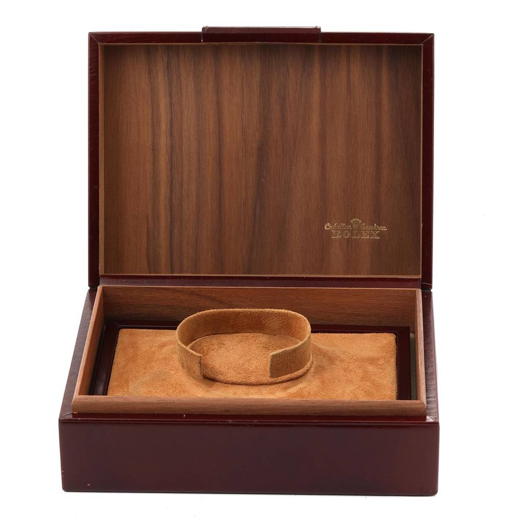 This image shows an open luxury wooden watch box for the Rolex President 18038 Men
s Yellow Gold Champagne Dial 18038 Men
s Yellow Gold Champagne Dial model, featuring a suede-like cushion.