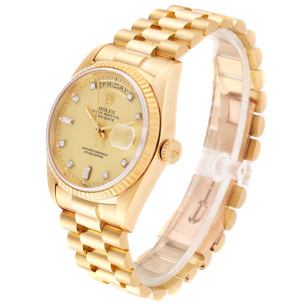This is a Rolex President 18038 Men
s Yellow Gold Champagne Dial 18038 Men
s Yellow Gold Champagne Dial model showcasing the dial, bezel, crown, and a substantial part of the gold bracelet from an angled side view.