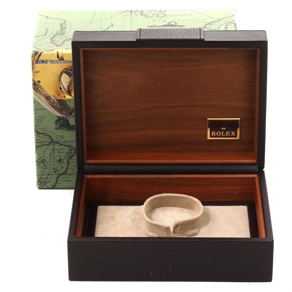 The image shows an open Rolex President 18038 Men
s Yellow Gold Champagne Dial 18038 Men
s Yellow Gold Champagne Dial model watch box with its interior and cushion, but no watch inside.