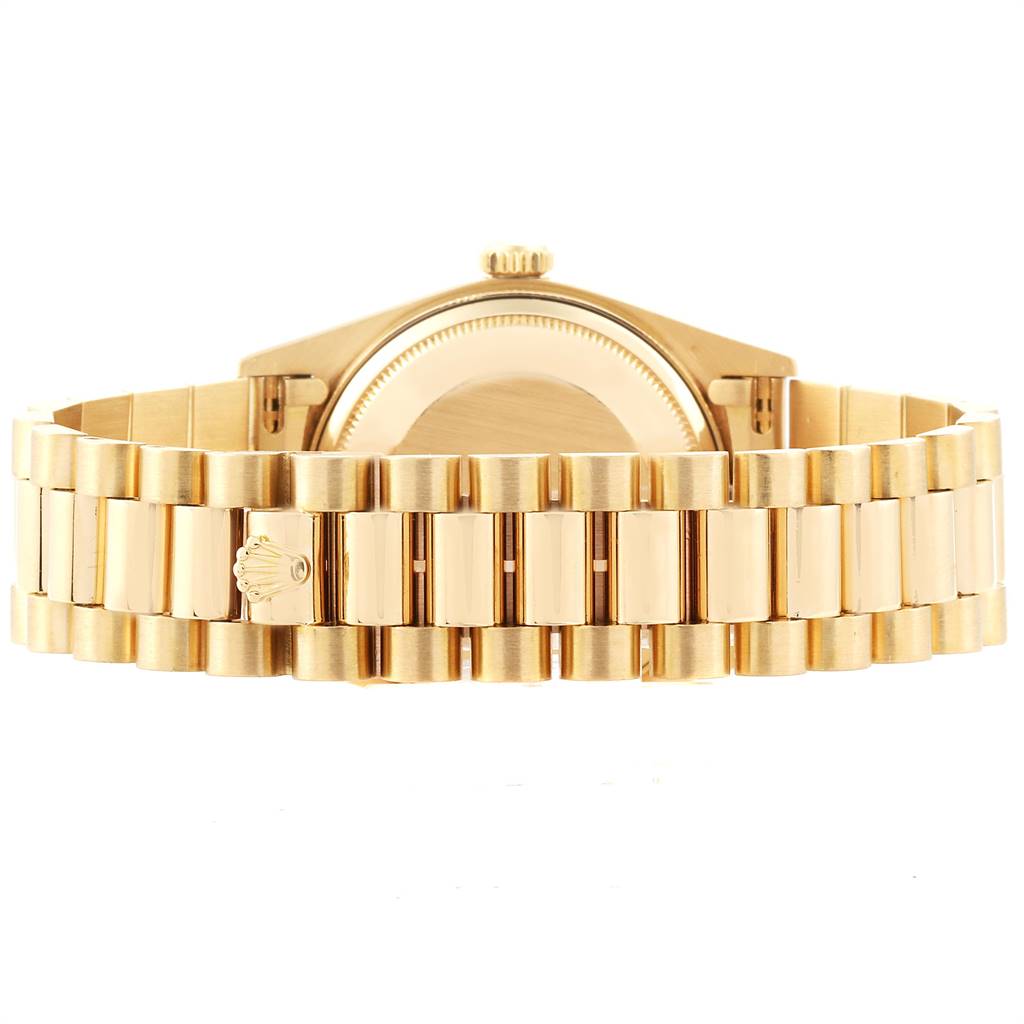 The image shows the back and bracelet of a Rolex President 18038 Men
s Yellow Gold Champagne Dial 18038 Men
s Yellow Gold Champagne Dial model watch, viewed from a straight-on angle.
