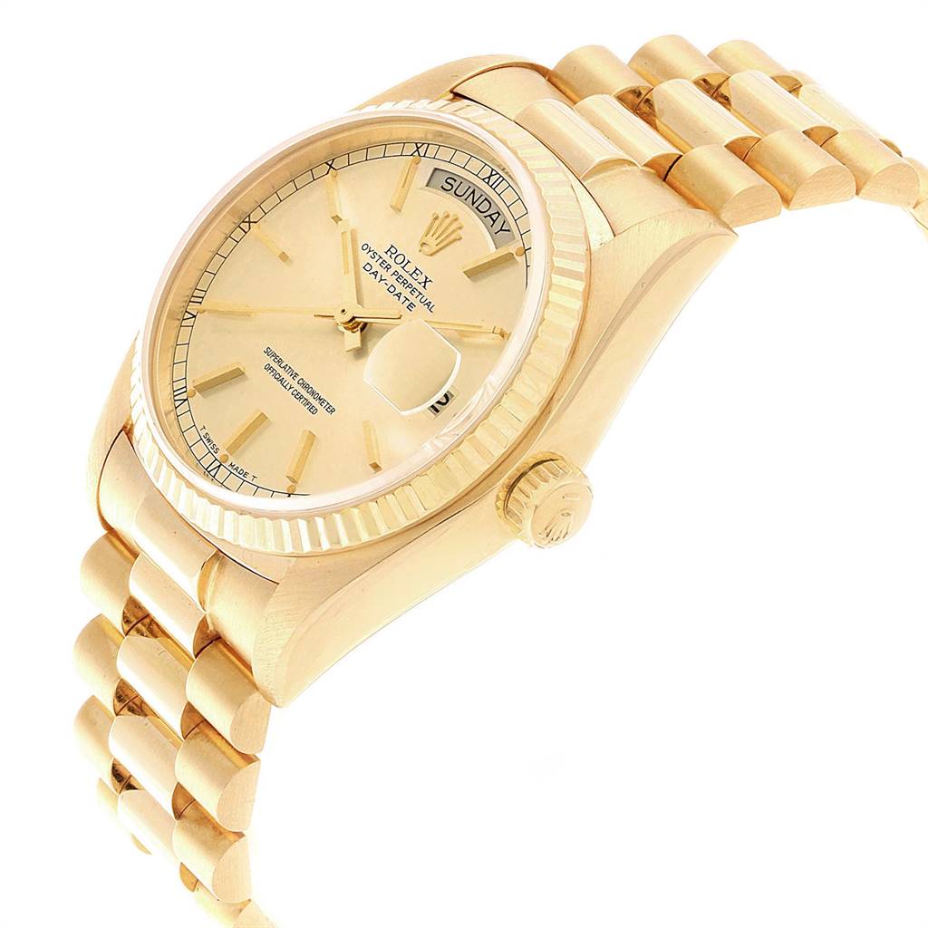 The image shows a side angle of the Rolex President 18038 Men
s Yellow Gold Champagne Dial 18038 Men
s Yellow Gold Champagne Dial model watch, capturing the dial, bezel, crown, and part of the bracelet.