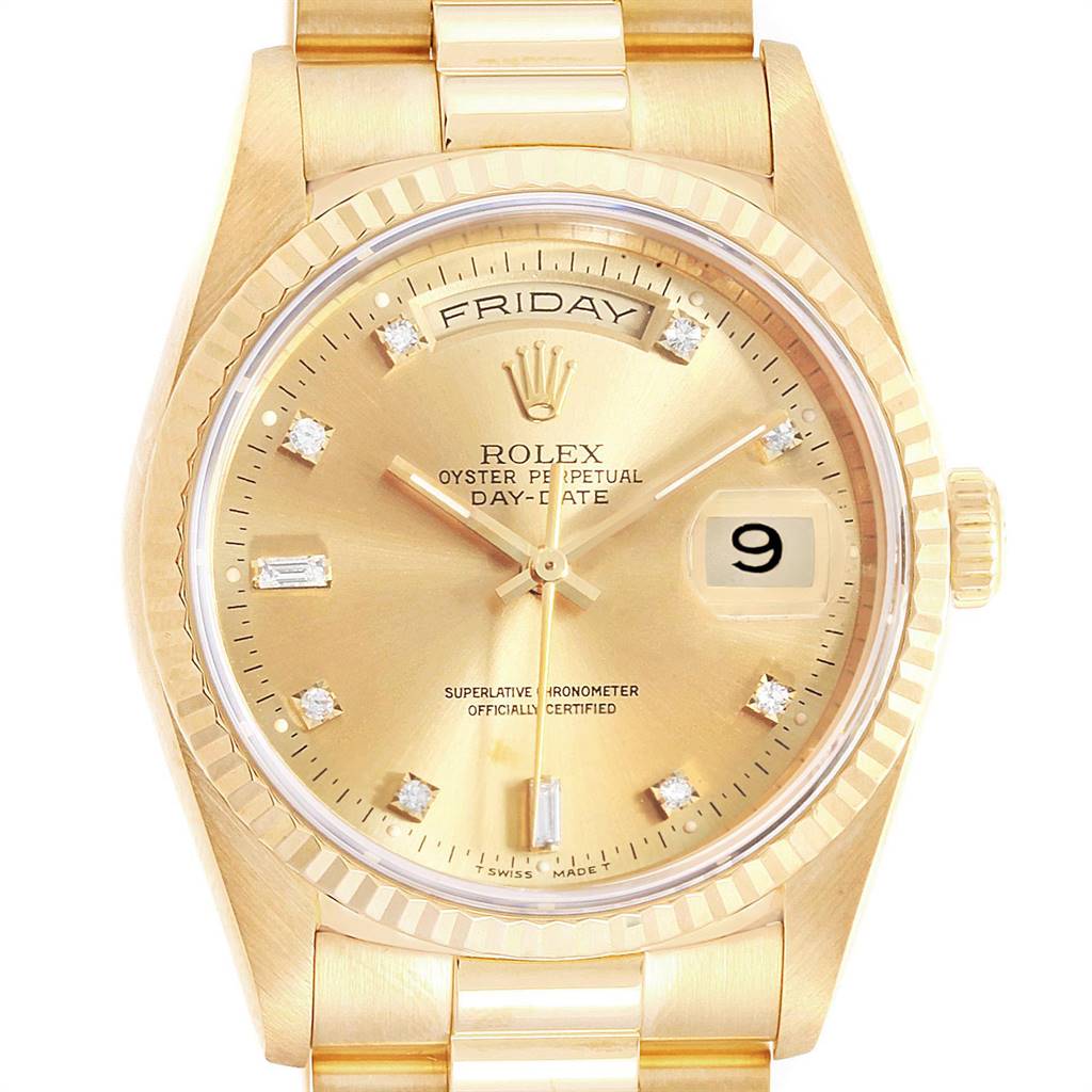 This image shows a front view of the Rolex President 18238 Men
s Yellow Gold Champagne Dial 18238 Men
s Yellow Gold Champagne Dial model watch, featuring its gold dial, day and date display, and bracelet.