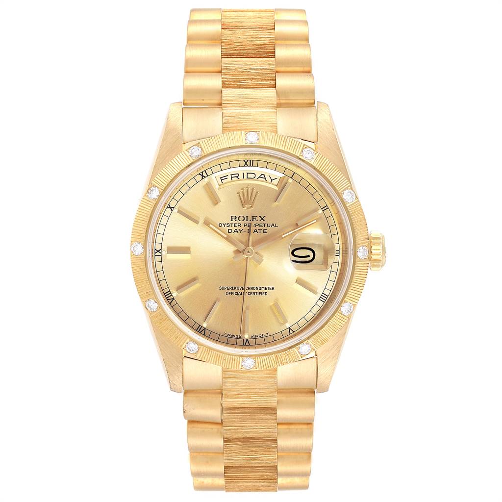 The image shows a front view of a Rolex President 18308 Men's Yellow Gold Champagne Dial 18308 Men's Yellow Gold Champagne Dial model watch, displaying its face, bezel, and bracelet.