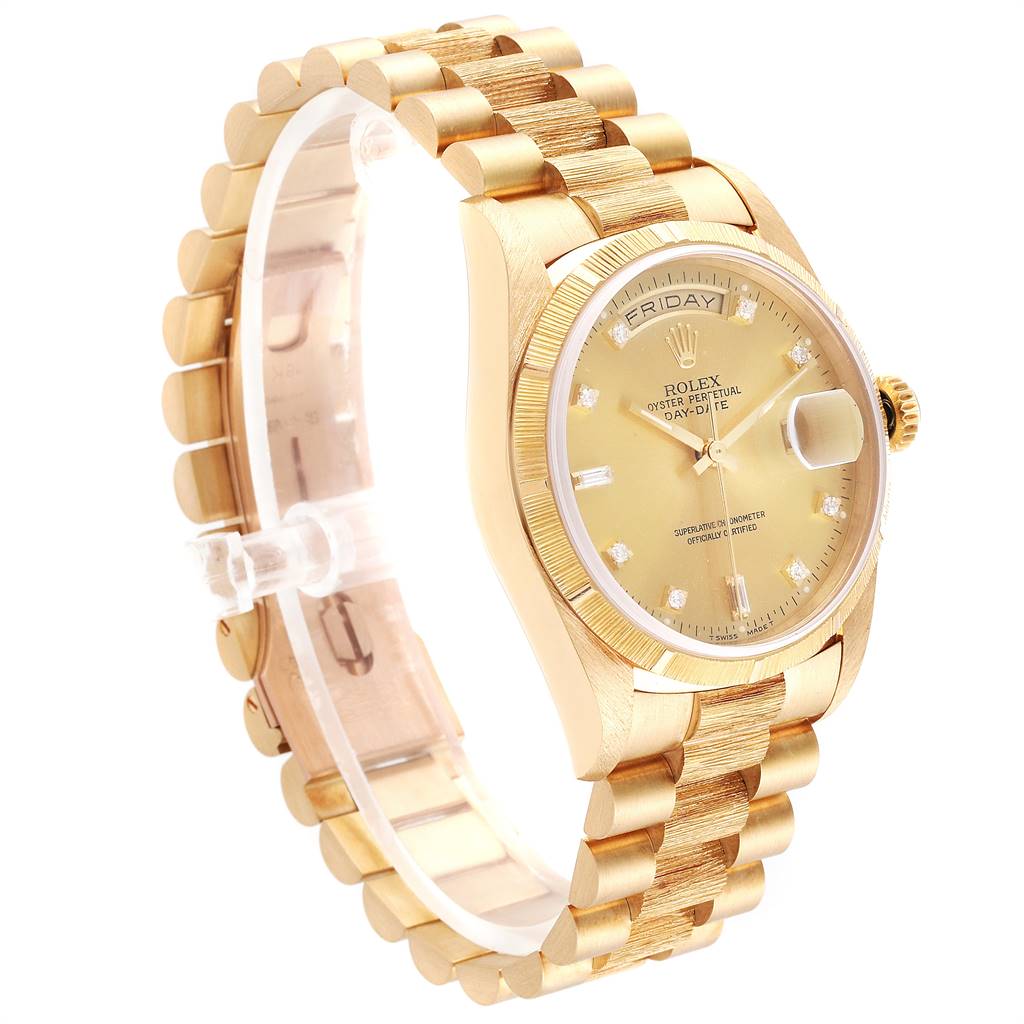 The image shows a Rolex President 18248 Men
s Yellow Gold Champagne Dial 18248 Men
s Yellow Gold Champagne Dial model watch at an angle, highlighting the gold case, dial, and bracelet.