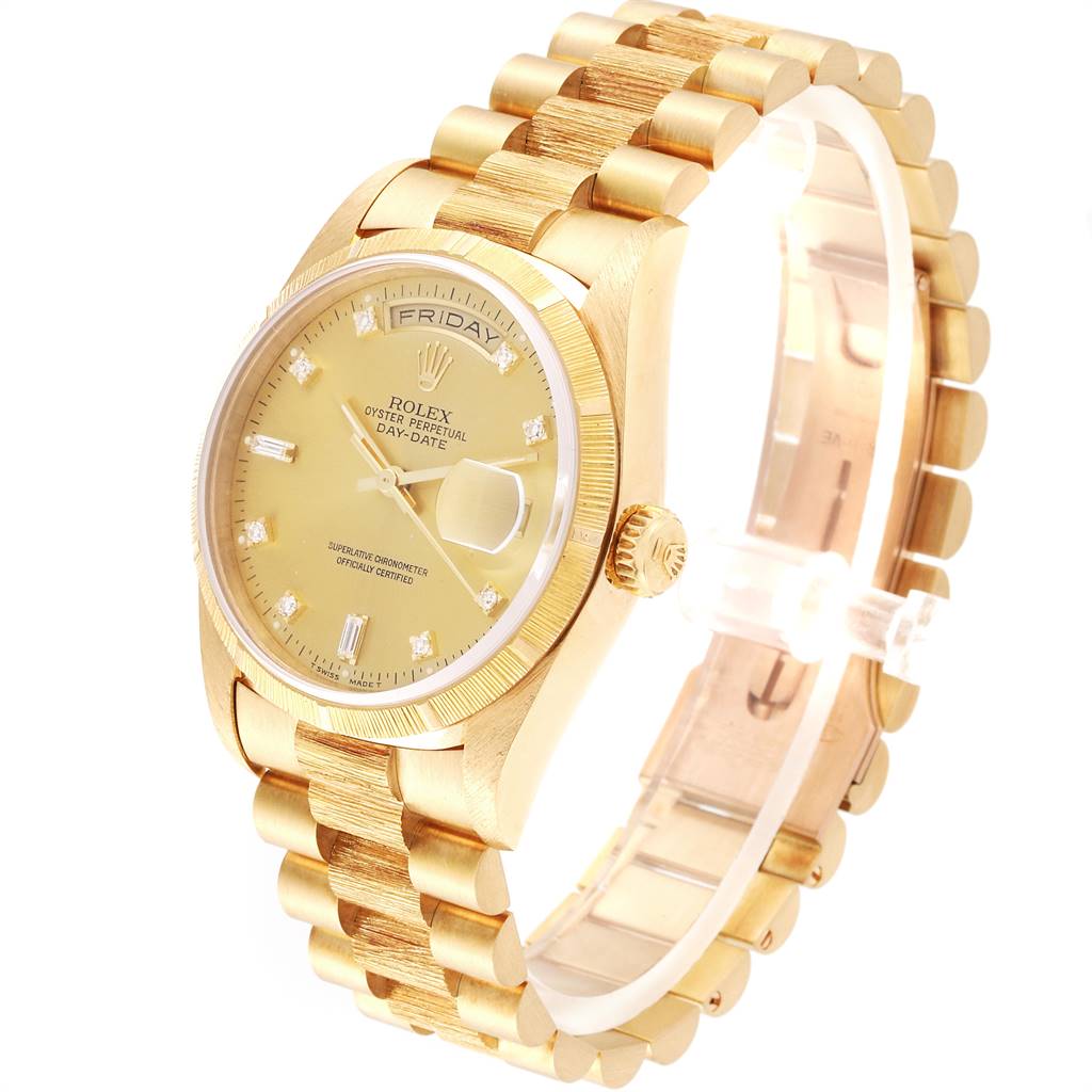 The Rolex President 18248 Men
s Yellow Gold Champagne Dial 18248 Men
s Yellow Gold Champagne Dial model watch is shown at a three-quarter angle, highlighting the gold bracelet, dial, and the day-date display.