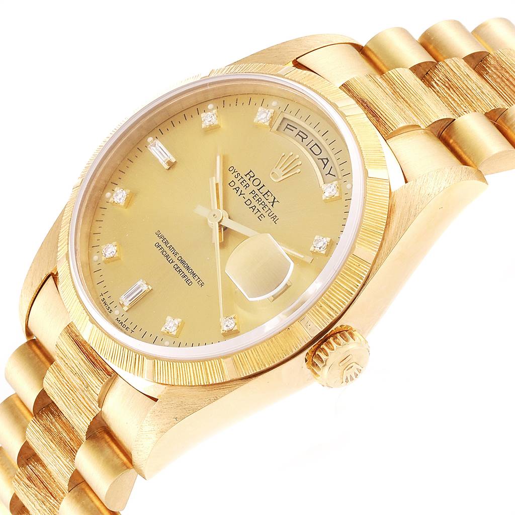 The image shows an angled view of a Rolex President 18248 Men
s Yellow Gold Champagne Dial 18248 Men
s Yellow Gold Champagne Dial model, highlighting the dial, bezel, case, crown, and bracelet.