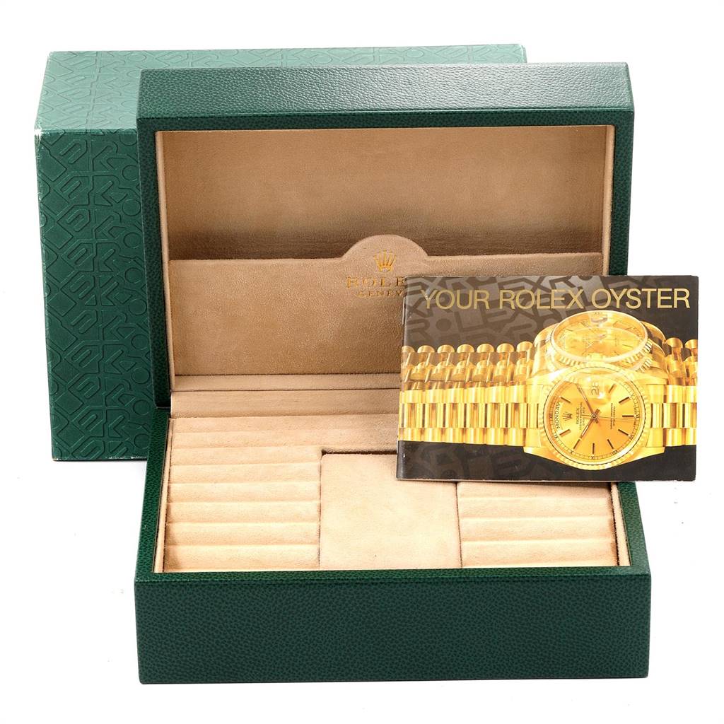 The image shows an open green watch box for a Rolex President 18248 Men
s Yellow Gold Champagne Dial 18248 Men
s Yellow Gold Champagne Dial model, with a booklet on the right inside.