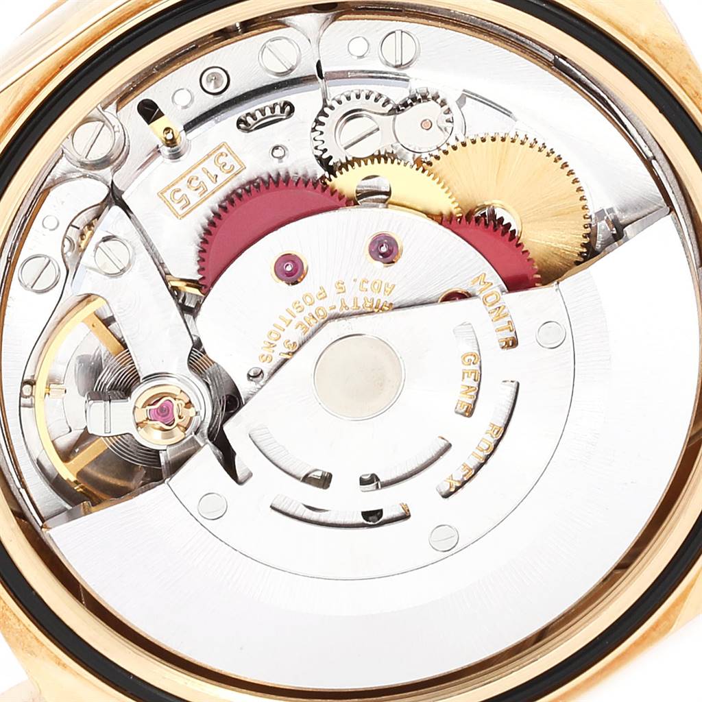 The image shows a close-up view of the internal mechanism of a Rolex President 18248 Men
s Yellow Gold Champagne Dial 18248 Men
s Yellow Gold Champagne Dial model watch.