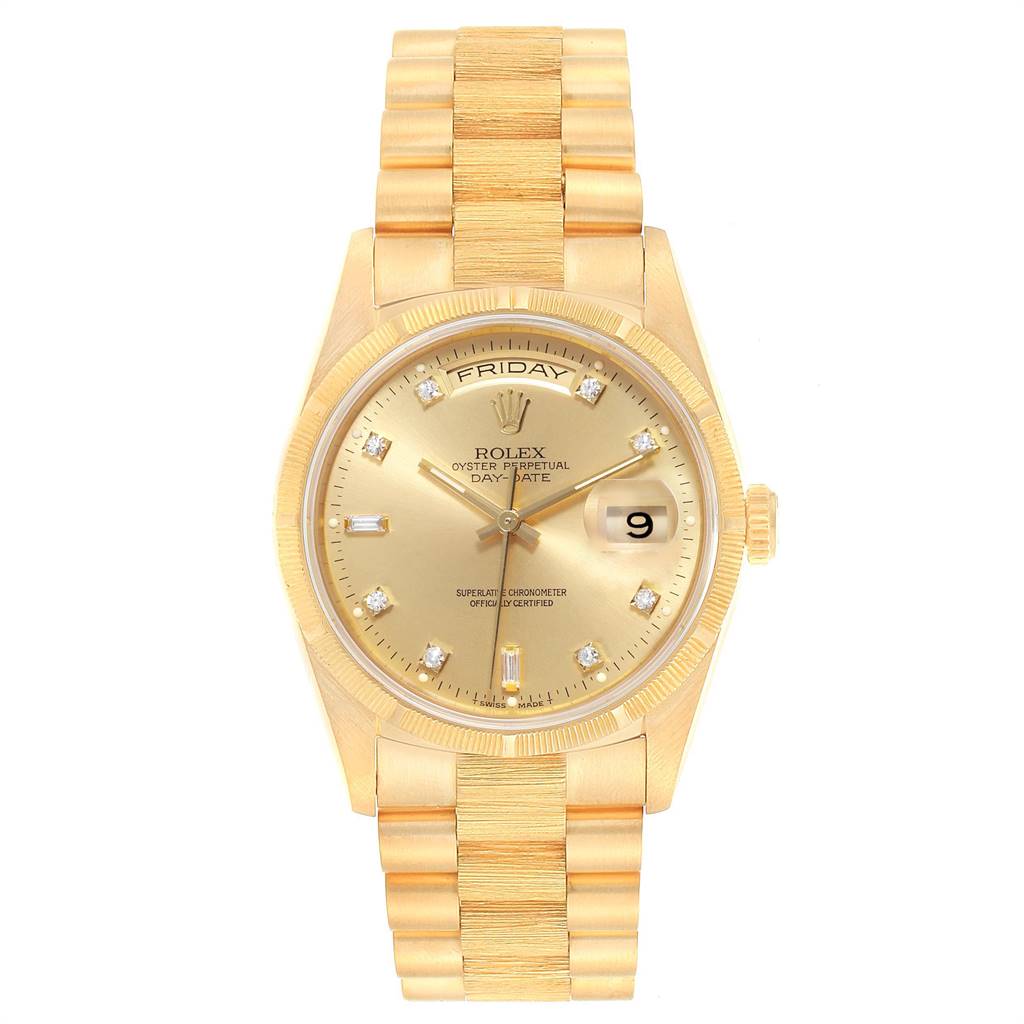 The image shows a front view of a Rolex President 18248 Men
s Yellow Gold Champagne Dial 18248 Men
s Yellow Gold Champagne Dial model watch, displaying its dial, bracelet, and crown.