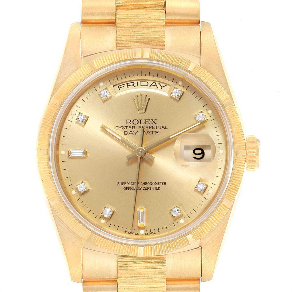 The image shows a frontal view of the Rolex President 18248 Men
s Yellow Gold Champagne Dial 18248 Men
s Yellow Gold Champagne Dial Day-Date watch, featuring a gold dial and diamond hour markers.