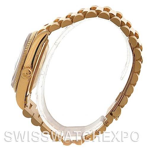 The image shows a side view of the Rolex President 18238 Men's Yellow Gold White Dial 18238 Men's Yellow Gold White Dial model, highlighting the gold case, crown, and bracelet links.