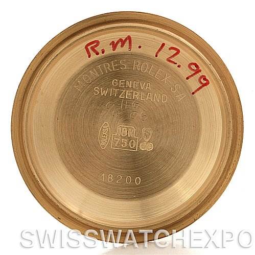 This is an image of the inside case back of a Rolex President 18238 Men's Yellow Gold White Dial 18238 Men's Yellow Gold White Dial model watch.