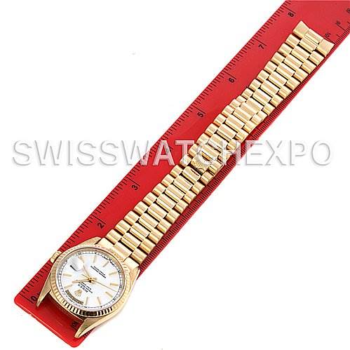 The image shows a Rolex President 18238 Men's Yellow Gold White Dial 18238 Men's Yellow Gold White Dial model watch laid flat, displaying the dial, bracelet, and clasp measured against a red ruler.