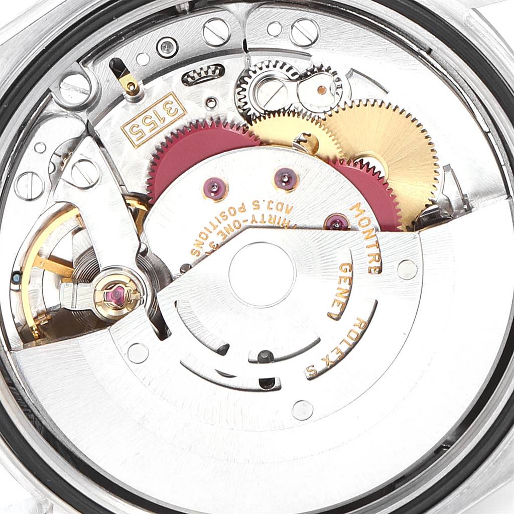 The image shows the intricate inner mechanics and gears of a Rolex President 118239 Men's White Gold Silver Dial 118239 Men's White Gold Silver Dial model watch from a rear angle.