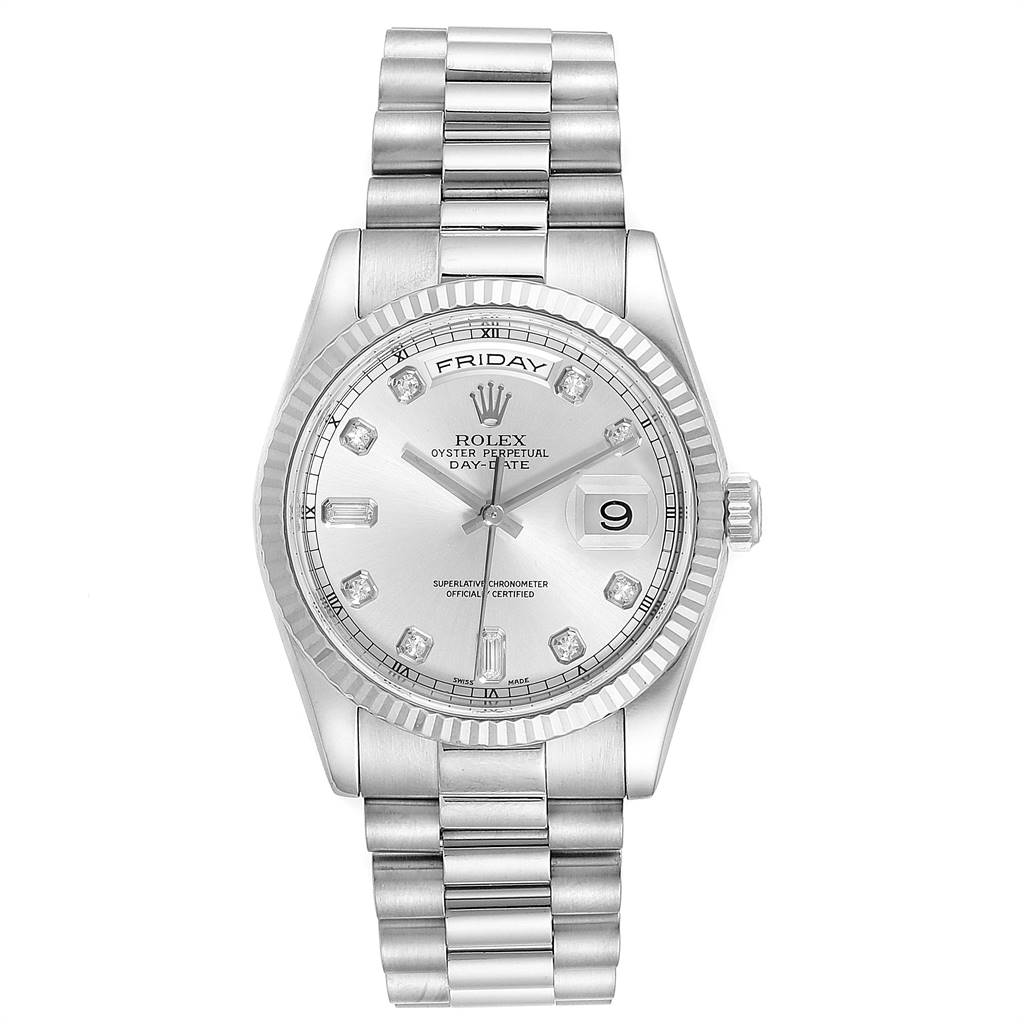 The image shows a frontal view of a Rolex President 118239 Men's White Gold Silver Dial 118239 Men's White Gold Silver Dial model watch, including the bracelet, face, and bezel.