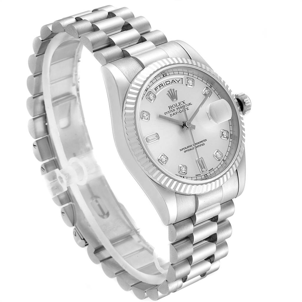 The image shows a side angle of the Rolex President 118239 Men's White Gold Silver Dial 118239 Men's White Gold Silver Dial model watch, highlighting its bracelet, dial, and fluted bezel.