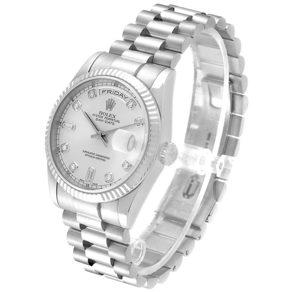 The Rolex President 118239 Men's White Gold Silver Dial 118239 Men's White Gold Silver Dial model watch is shown at a three-quarter angle, highlighting the face, bezel, crown, and bracelet.