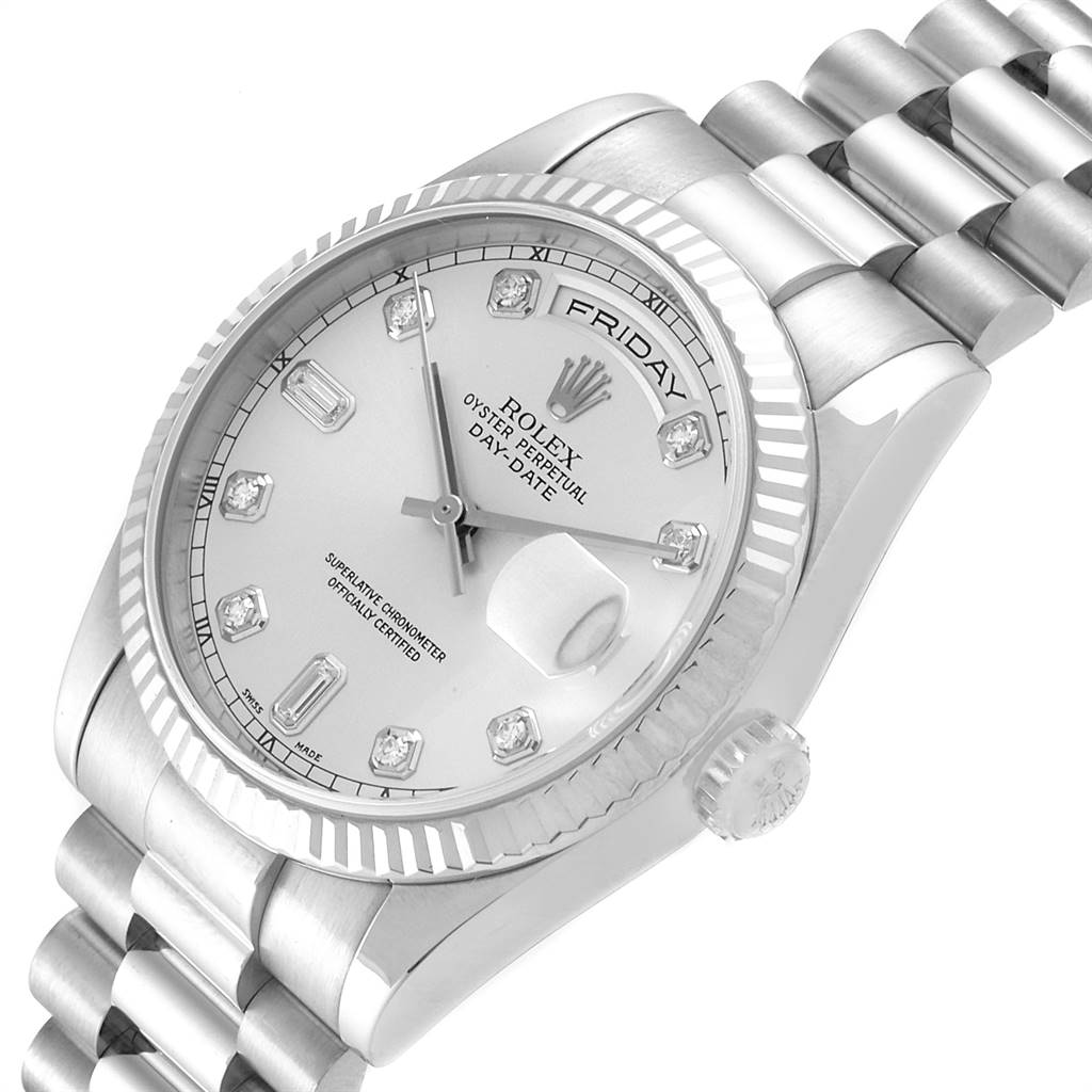 The image shows a Rolex President 118239 Men's White Gold Silver Dial 118239 Men's White Gold Silver Dial model watch at a 45-degree angle, highlighting the dial, bezel, crown, and part of the bracelet.