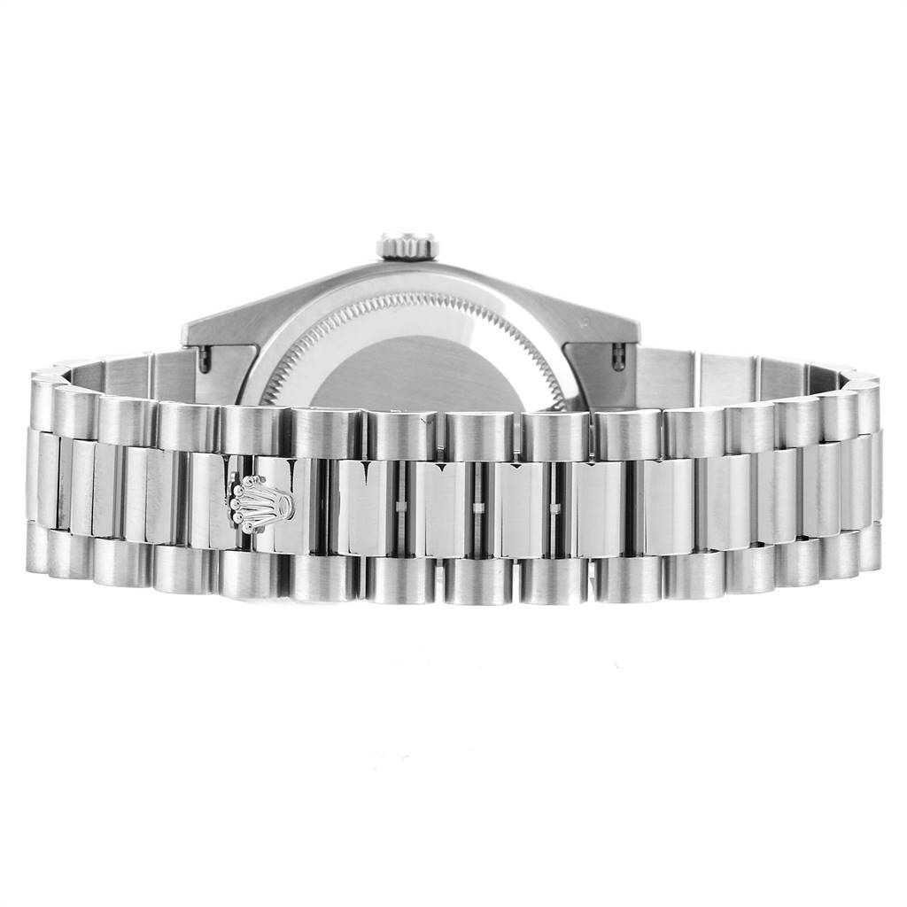This image shows the back view of the Rolex President 118239 Men's White Gold Silver Dial 118239 Men's White Gold Silver Dial model watch, highlighting its bracelet and clasp.