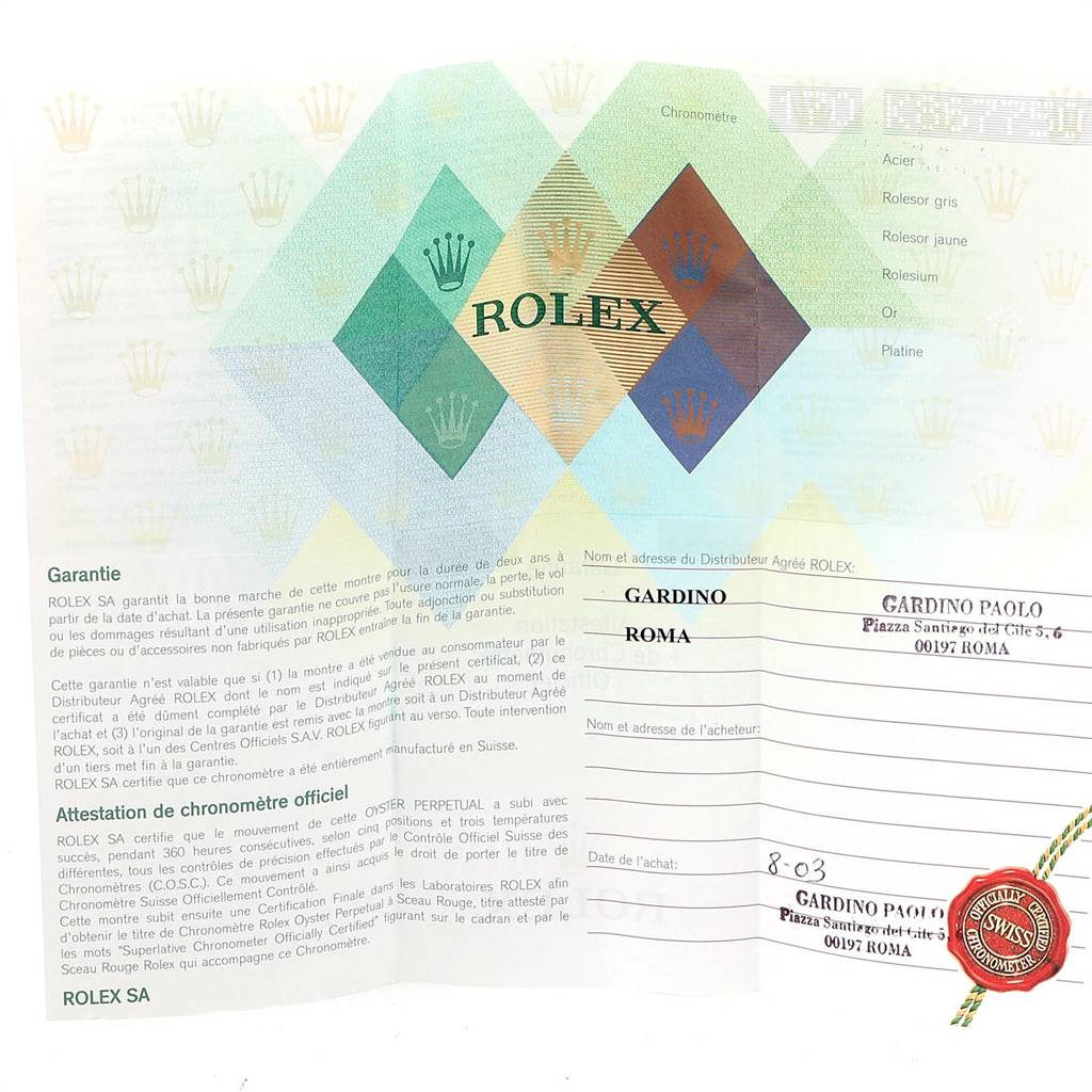 The image shows the warranty card and certificate for the Rolex President 118239 Men's White Gold Silver Dial 118239 Men's White Gold Silver Dial model watch.