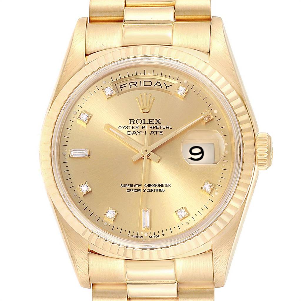 This image shows a front view of the Rolex President 18238 Men
s Yellow Gold Champagne Dial 18238 Men
s Yellow Gold Champagne Dial model, highlighting the dial, day-date displays, and part of the bracelet.