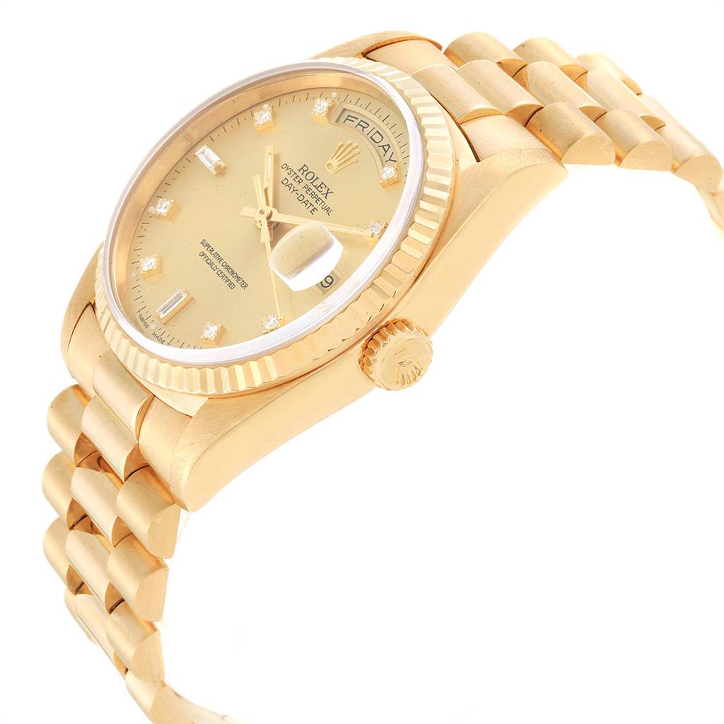 This image shows an angled side view of the Rolex President 18238 Men
s Yellow Gold Champagne Dial 18238 Men
s Yellow Gold Champagne Dial model watch, displaying the face, crown, and part of the bracelet.