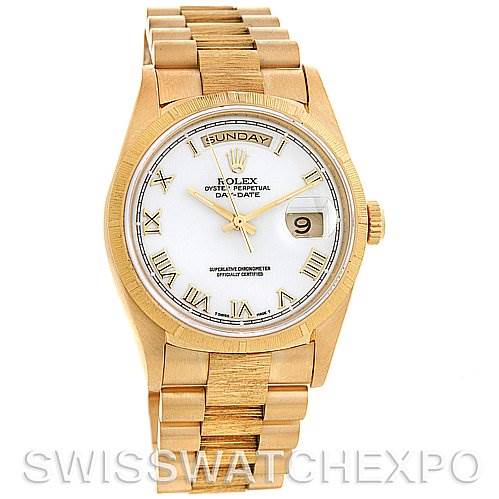 This image shows a frontal view of a Rolex President 18248 Men's Yellow Gold White Dial 18248 Men's Yellow Gold White Dial model watch, highlighting the face, dial, bracelet, and day-date display.