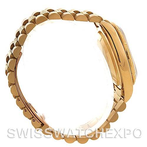 The image shows the side profile of a Rolex President 18248 Men's Yellow Gold White Dial 18248 Men's Yellow Gold White Dial model, focusing on the case, bezel, and part of the bracelet.