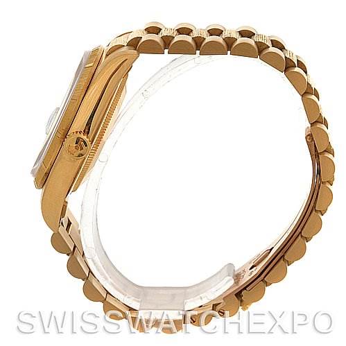 The image shows a side profile of a Rolex President 18248 Men's Yellow Gold White Dial 18248 Men's Yellow Gold White Dial model watch, highlighting the band and case.