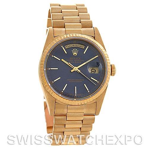 The image shows a front view of the Rolex President 18238 Men's Yellow Gold Blue Dial 18238 Men's Yellow Gold Blue Dial model watch, featuring its face, bezel, and part of the bracelet.