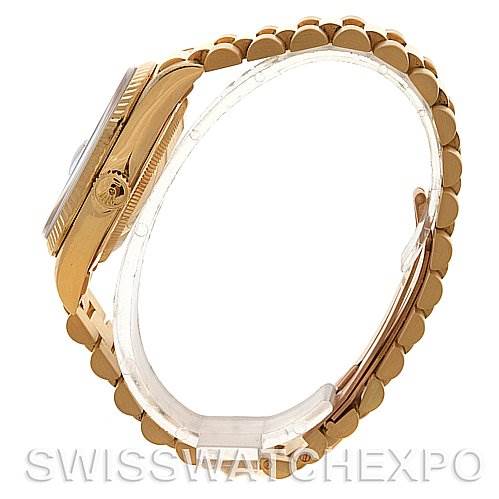 The image shows a side profile of a Rolex President 18238 Men's Yellow Gold Blue Dial 18238 Men's Yellow Gold Blue Dial model, focusing on the case and bracelet.