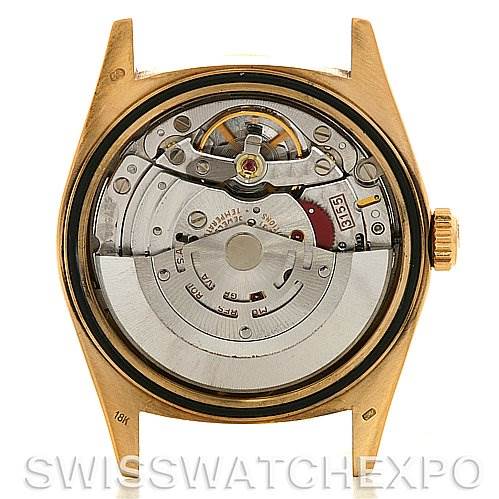 This image shows the back view of a Rolex President 18238 Men's Yellow Gold Blue Dial 18238 Men's Yellow Gold Blue Dial model watch, highlighting its internal mechanical movement.