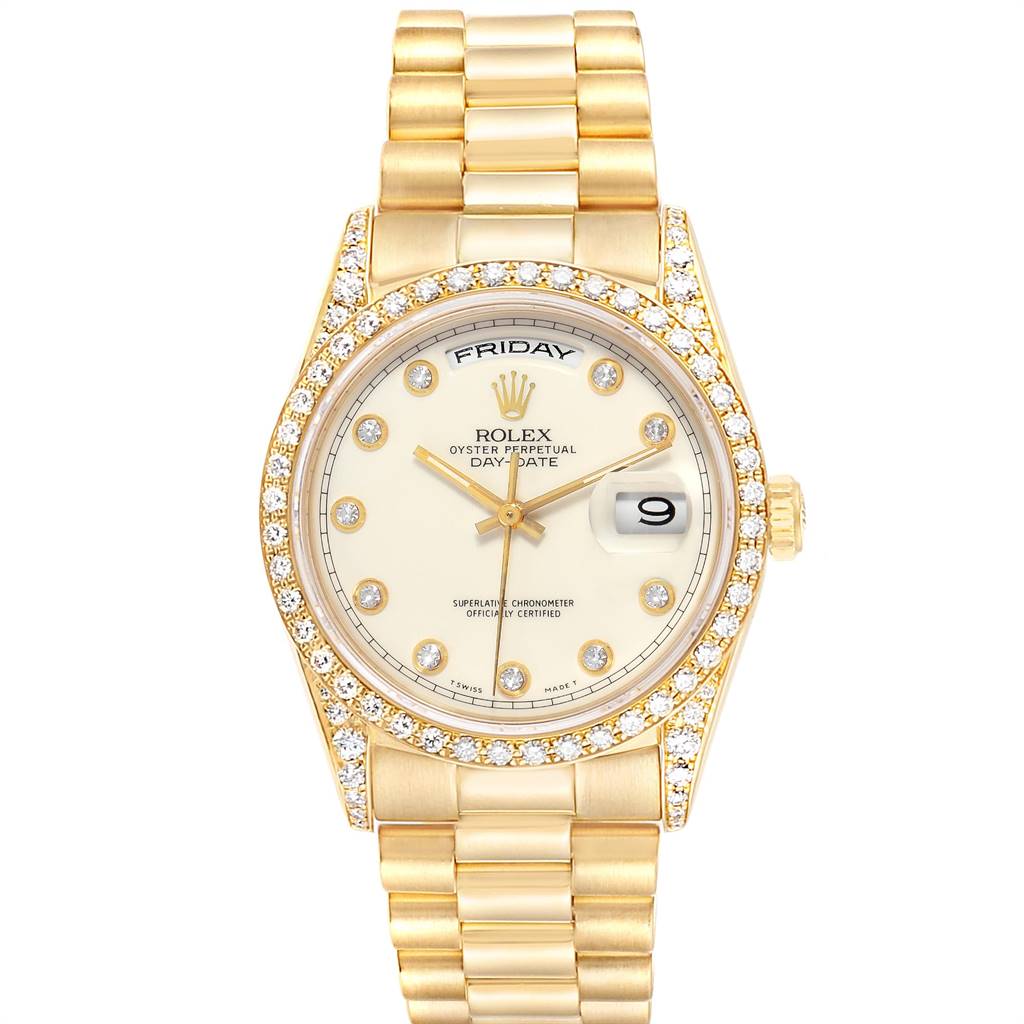 The Rolex President 18388 Men's Yellow Gold White Dial 18388 Men's Yellow Gold White Dial model watch is shown from the front, displaying the dial, bezel, and bracelet.