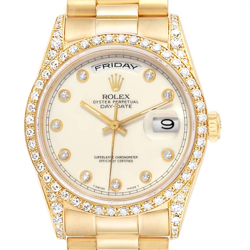 The image shows a frontal view of the Rolex President 18388 Men's Yellow Gold White Dial 18388 Men's Yellow Gold White Dial Day-Date watch, highlighting the dial, bezel, and bracelet.