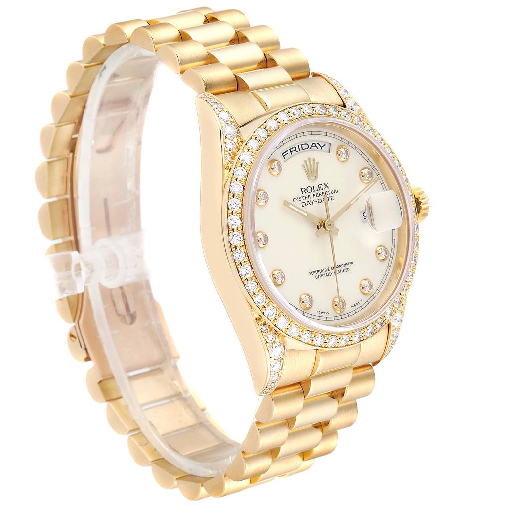 The image shows a Rolex President 18388 Men's Yellow Gold White Dial 18388 Men's Yellow Gold White Dial model watch at an angled side view, highlighting the face, bezel, and bracelet.