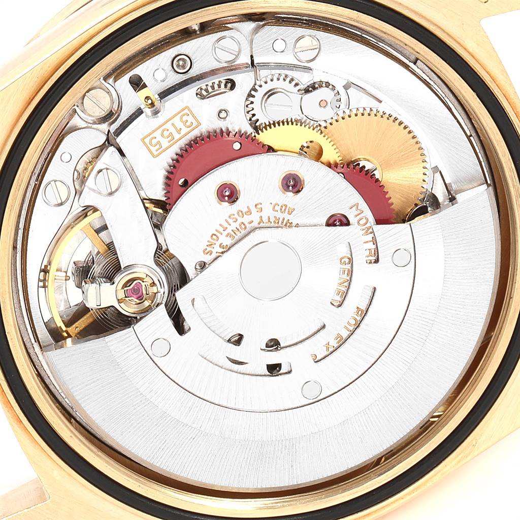 The image shows the intricate inner mechanical movement of a Rolex President 18388 Men's Yellow Gold White Dial 18388 Men's Yellow Gold White Dial model watch from a close-up angle.