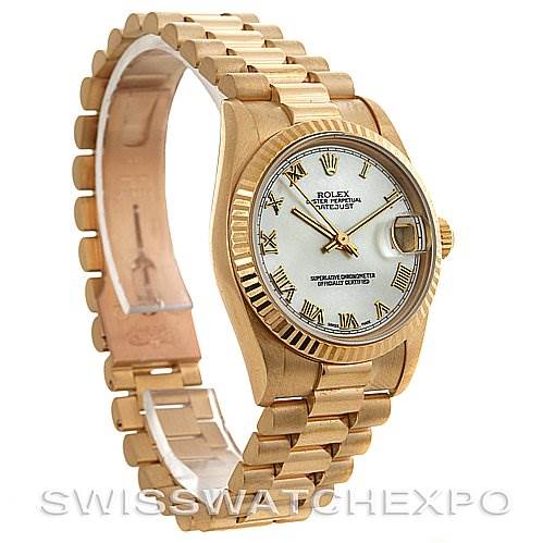 This image shows a side and front view of a Rolex President 68278 Yellow Gold Mother of Pearl Dial 68278 Yellow Gold Mother of Pearl Dial model watch, highlighting its band, dial, and bezel.
