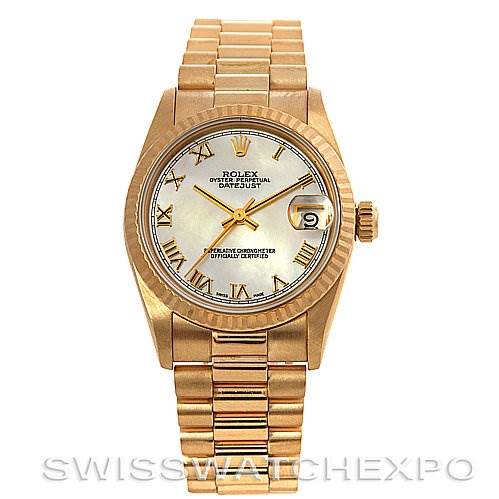 The image shows a frontal view of a Rolex President 68278 Yellow Gold Mother of Pearl Dial 68278 Yellow Gold Mother of Pearl Dial model watch, highlighting its dial, bezel, and bracelet.