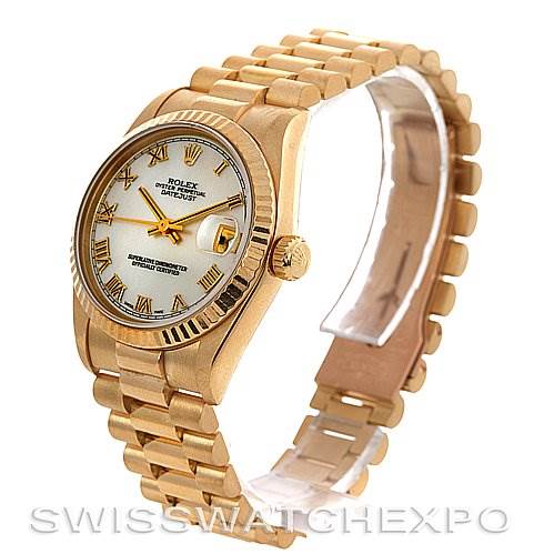 The image shows a Rolex President 68278 Yellow Gold Mother of Pearl Dial 68278 Yellow Gold Mother of Pearl Dial model watch at a three-quarter angle, highlighting its dial, bezel, and bracelet.