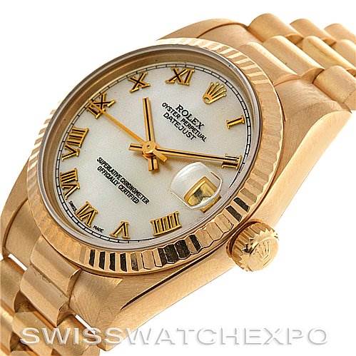 This image shows the Rolex President 68278 Yellow Gold Mother of Pearl Dial 68278 Yellow Gold Mother of Pearl Dial model watch at an angled view, highlighting the bezel, crown, dial, and part of the bracelet.