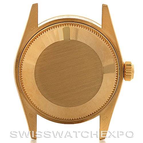 This image shows the back case and crown of a Rolex President 68278 Yellow Gold Mother of Pearl Dial 68278 Yellow Gold Mother of Pearl Dial model watch from a straight-on angle.